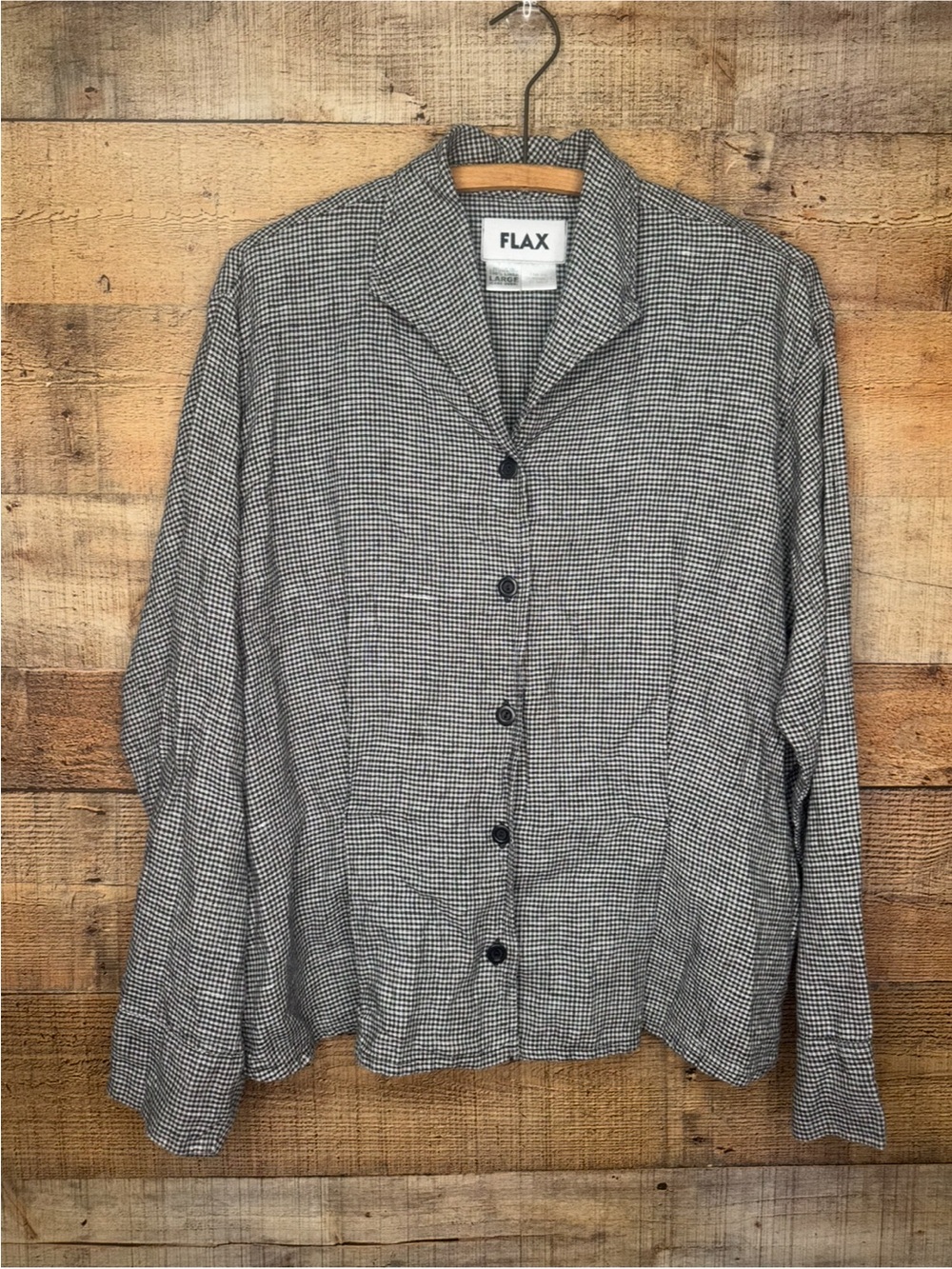 FLAX Linen Button Down Shirt Long Sleeve Top Womens Large Black White Hounds
